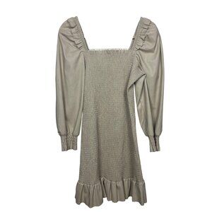 7 For All Mankind M Beige Faux Leather Vegan Bodycon Ruffle Puff Sleeve Dress